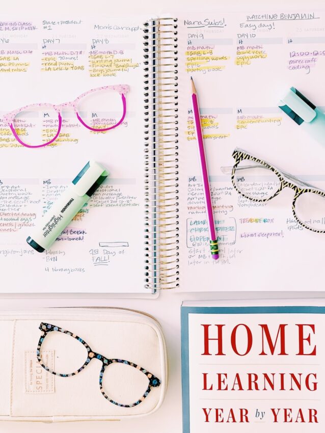 a notebook with glasses and a book on it