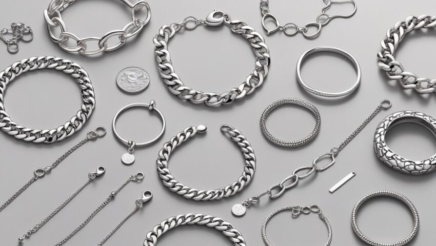 Flat lay of assorted silver bracelets including chain, cuff, bangle, and charm styles arranged on a gray background, highlighting different types of silver bracelet designs.