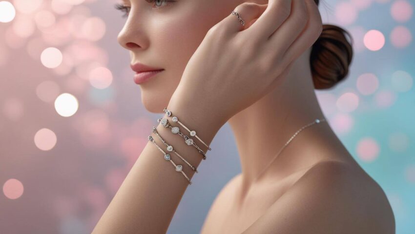 Elegant woman wearing multiple diamond-accented silver bracelets on one wrist with a soft, pastel background perfect for showcasing the beauty and femininity of fine silver jewelry.