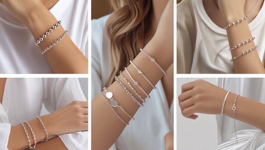Close-up collage of women wearing layered silver bracelets in various minimalist and beaded styles, showcasing how to stack and style silver bracelets for everyday wear.