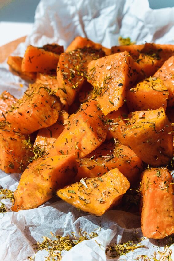 Roasted sweet potato wedges.