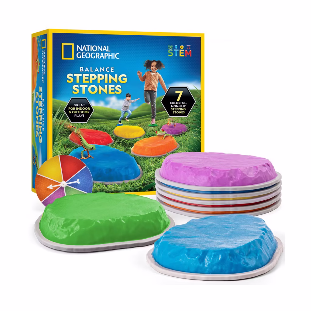 Balance stepping stones as phase one of the indoor obstacle course. 