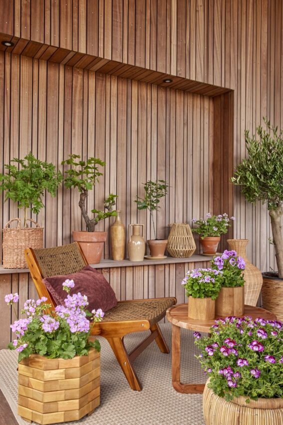 A wooden patio is decorated with plants and furniture.