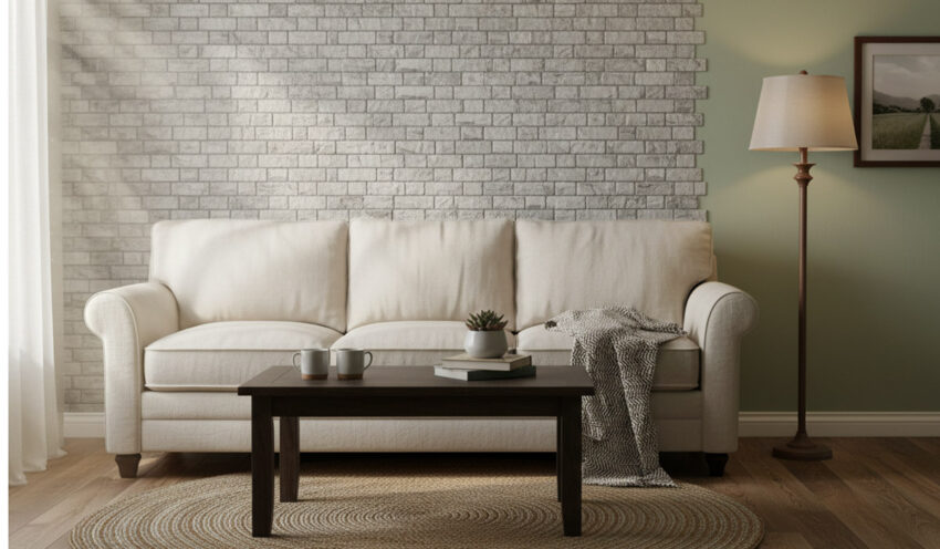 White sofa against a grey faux brick accent wall