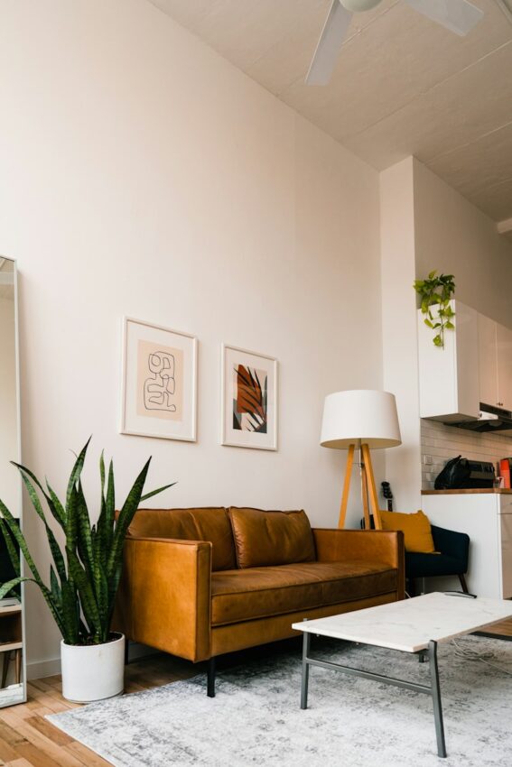 A brown leather sofa, snake plant, and marble coffee table in a living room